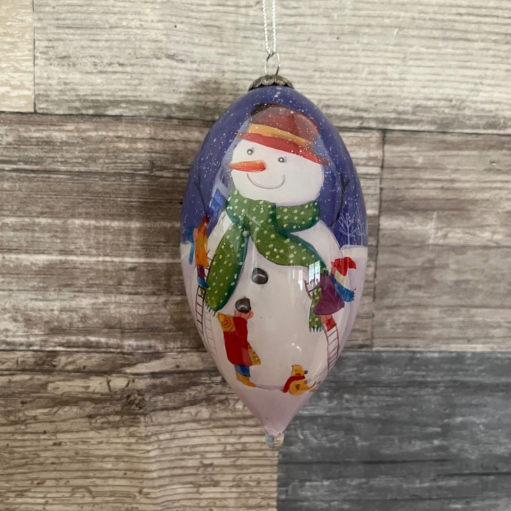 Li Bien 2011 Snowman Ornament reverse Hand Painted Teardrop Christmas